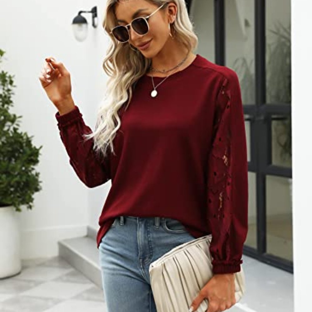 Lace Long Sleeve Crew Neck Sweater